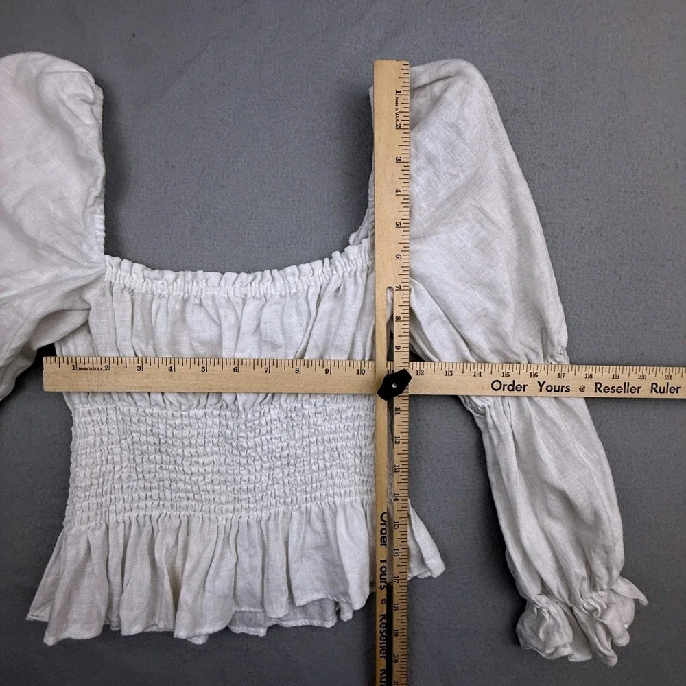 Reformation Oak Grove Linen Smocked Top Women Small White Peasant Puff Sleeve